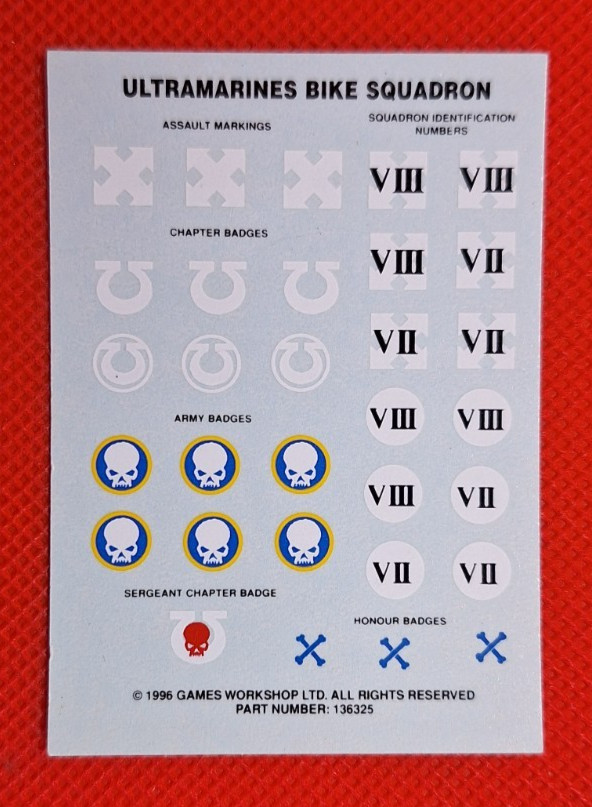 Games Workshop Warhammer 40k Ultramarines Bike Squadron Transfers Decals 1996