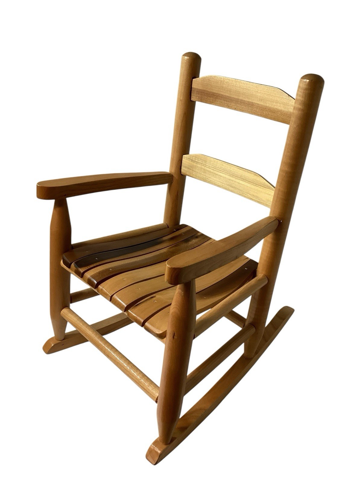 Vintage Child's Rocking Chair Solid Wood Beautiful Grain Ladder Back Slatted
