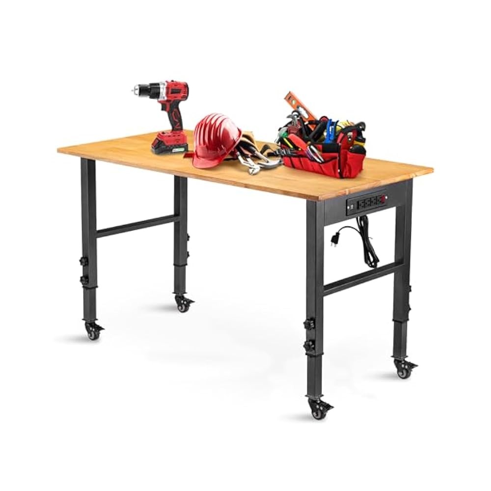 Heavy Duty Workbench, 6,Level Height Adjustment, Lockable Casters Included
