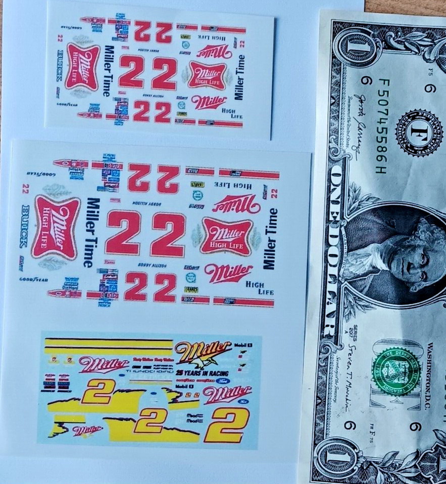 HO 1/64 CLEAR SELF STICK Adhesive STICKERS NASCAR #2 MILLER HIGH LIFE  ALL THREE