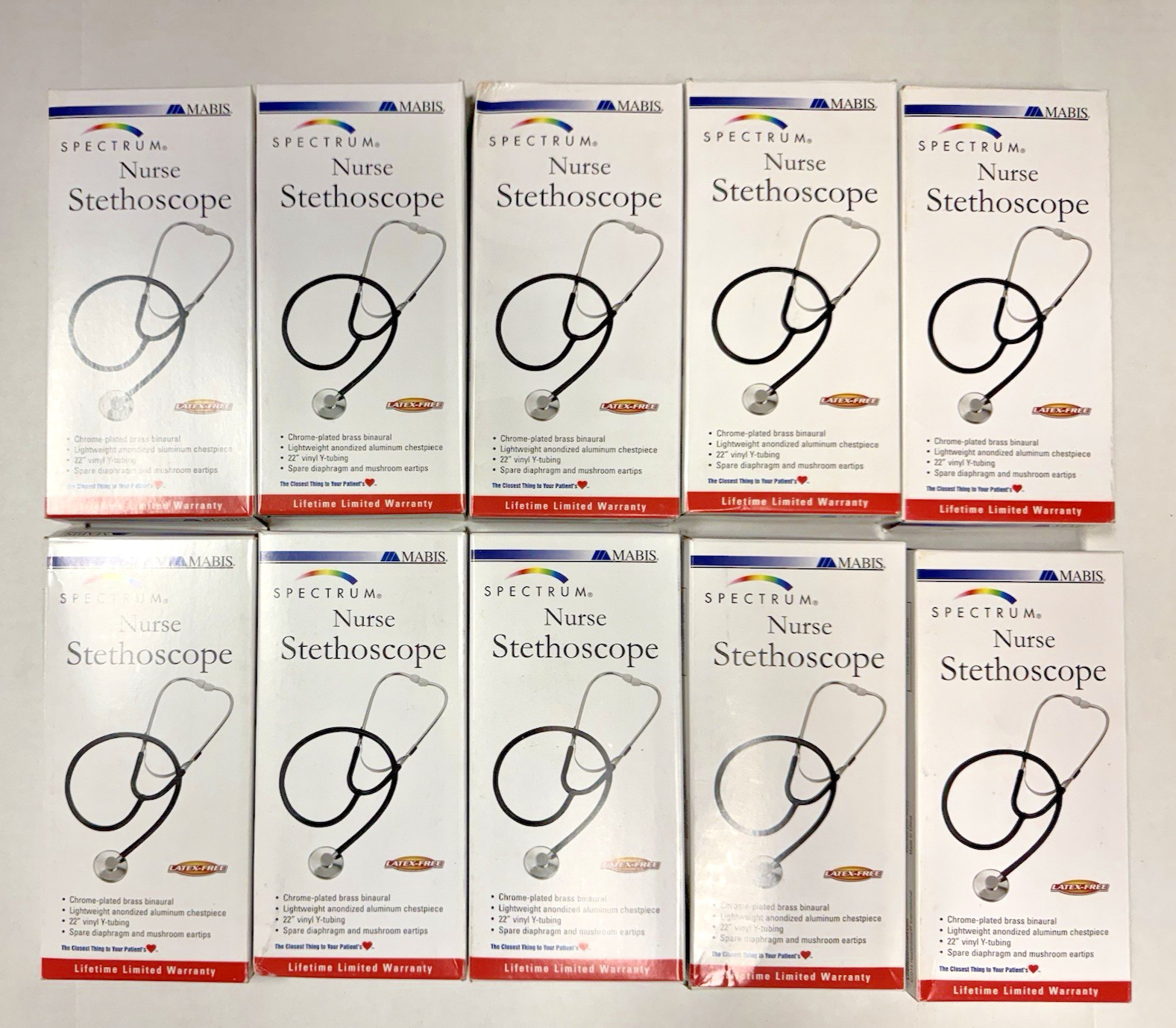 10 QTY Mabis Spectrum Series Lightweight Nurse Stethoscope 10428020 Black 22"