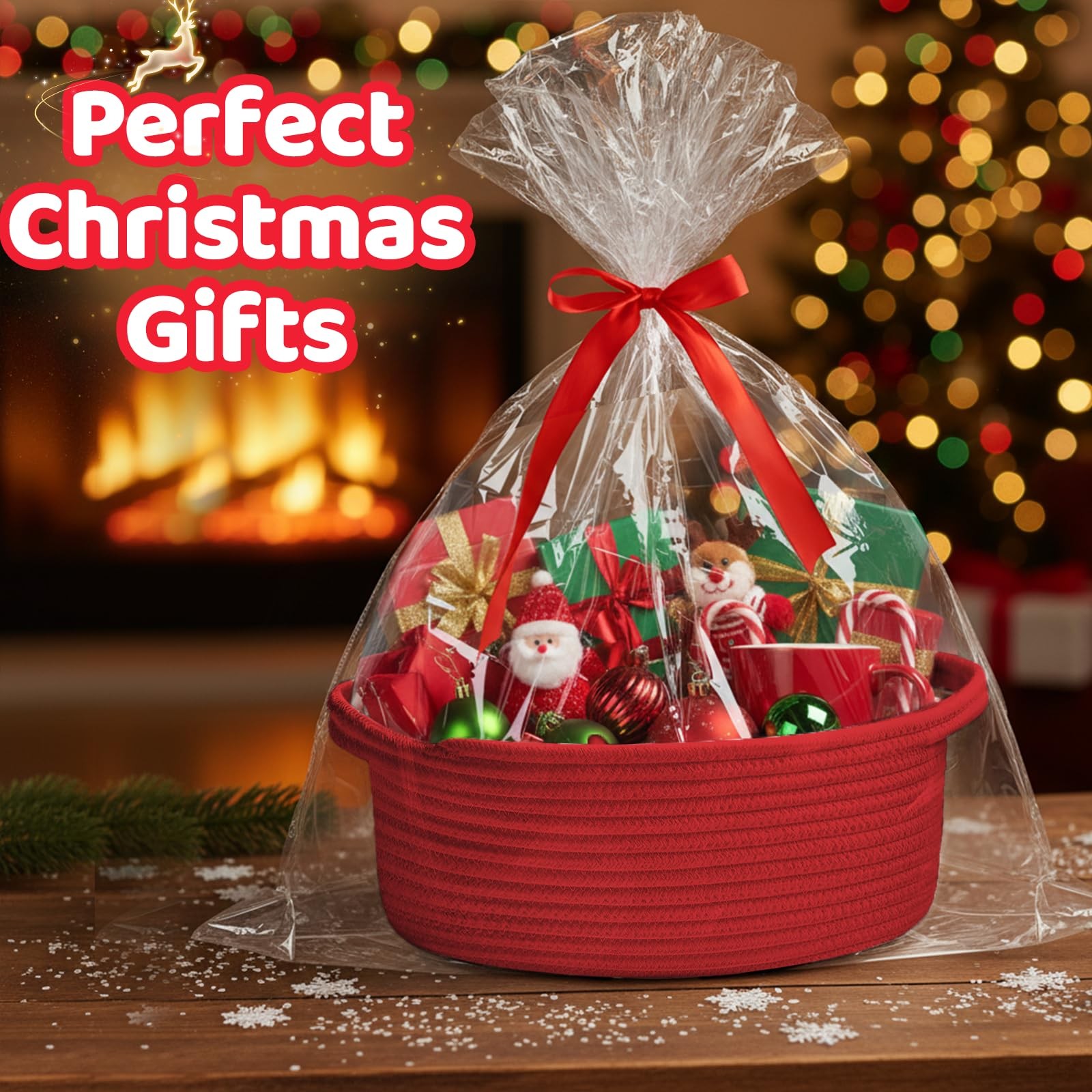 Bufims Small Woven Red Gifts Basket for Storage Empty with Ribbons and Bags D...