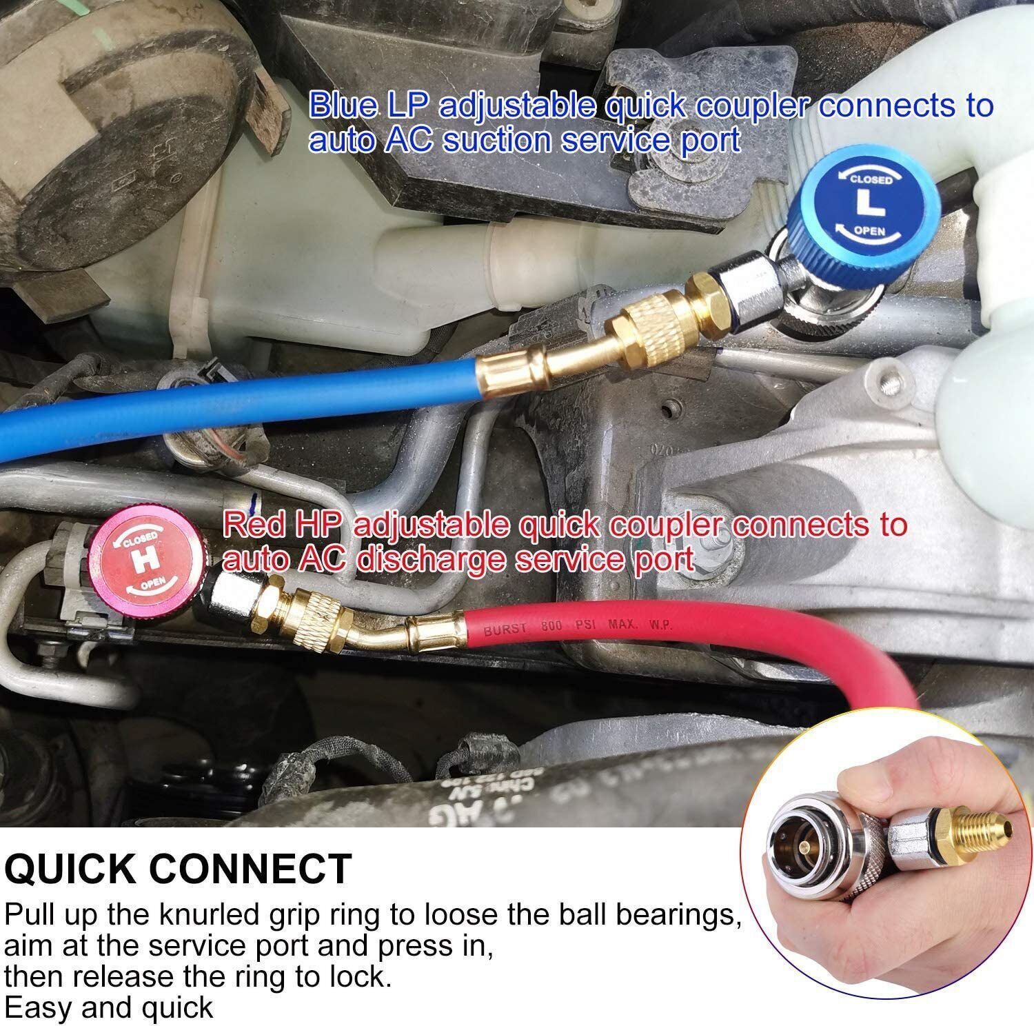 2Pcs Quick Connector Adapter Conversion Coupler Auto A/C Manifold Gauge Low/High