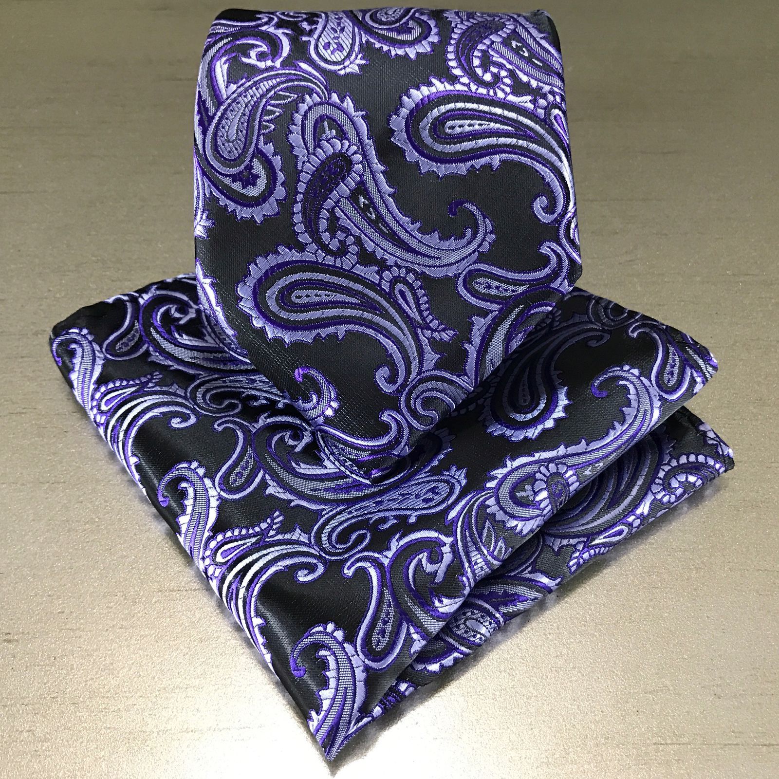 Men's Black / Purple Neck tie and Pocket Square Hankie Set Formal Wedding 600-P