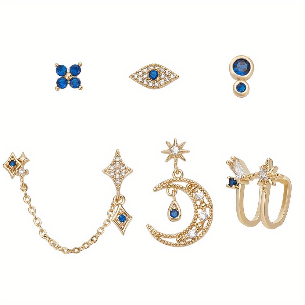 1box 6pcs 6 style Flower & Square & Star & Moon Cubic Zirconia Stud Earrings