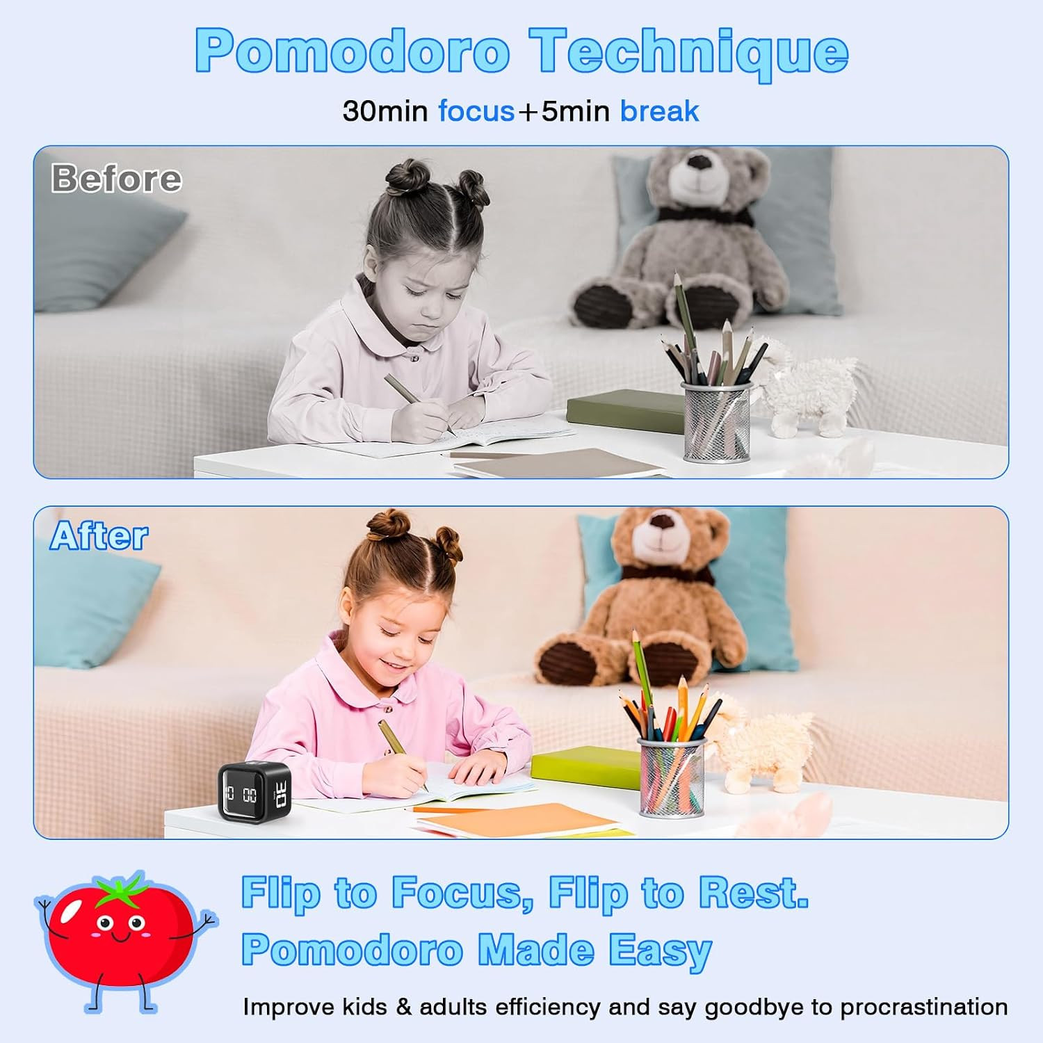 Cube Pomodoro Timer, Desk Productivity Timer 5/10/30/60 Minutes & Custom Countdo