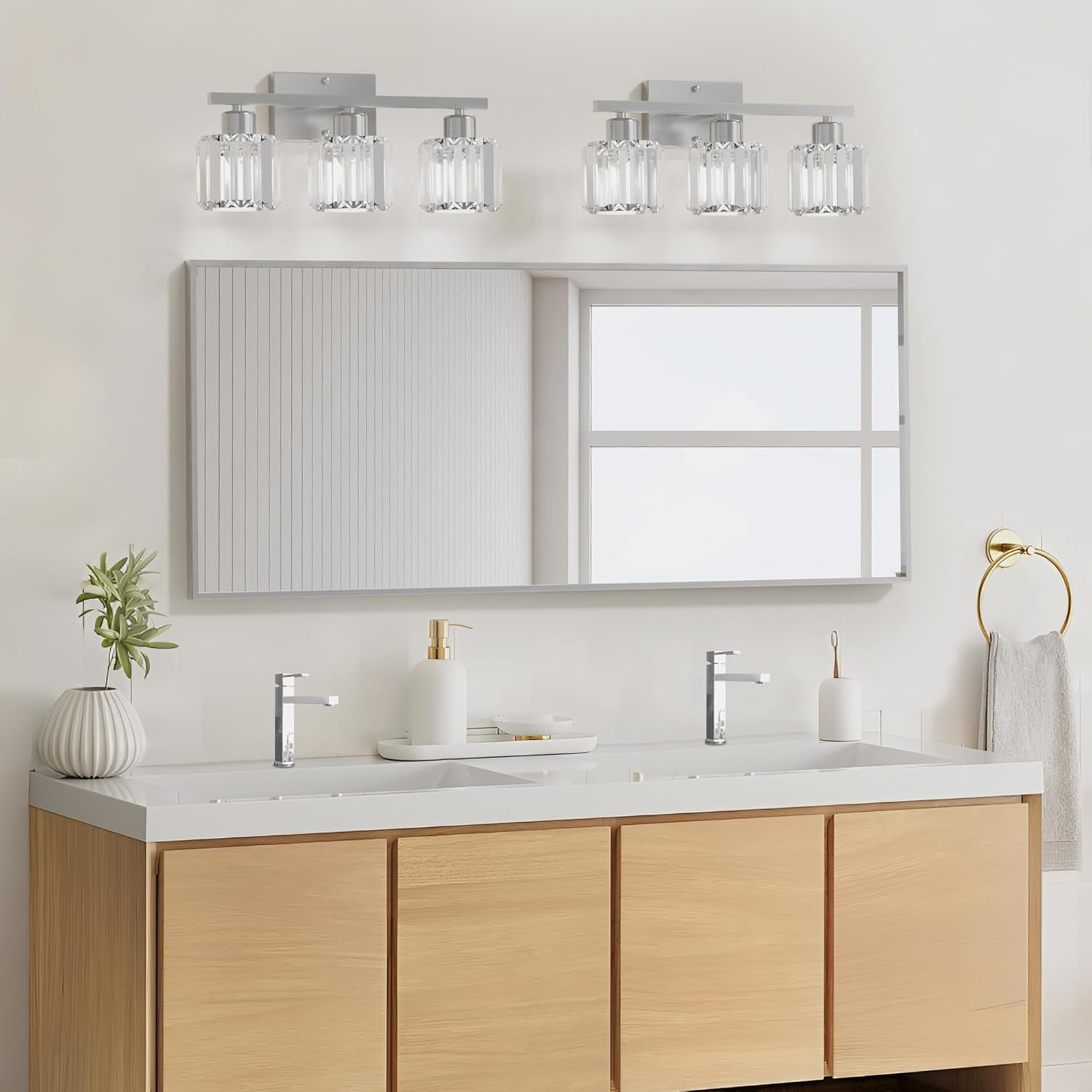 3-Light Bathroom Light Fixtures over Mirror, Brushed Nickel Crystal Wall Sconce