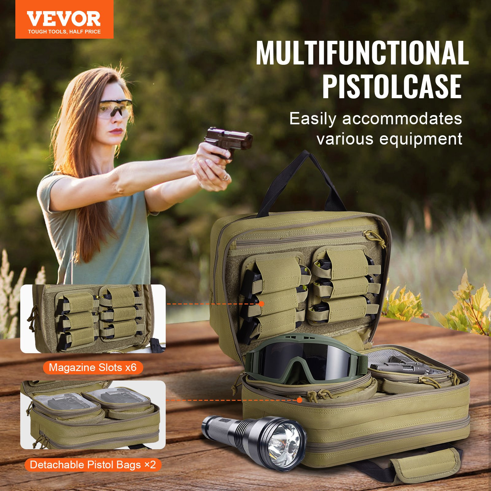 Range Bag for 2 Pistols Tactical Gun Bag 2 Built-in Pistol Bags Brown，Range Bag
