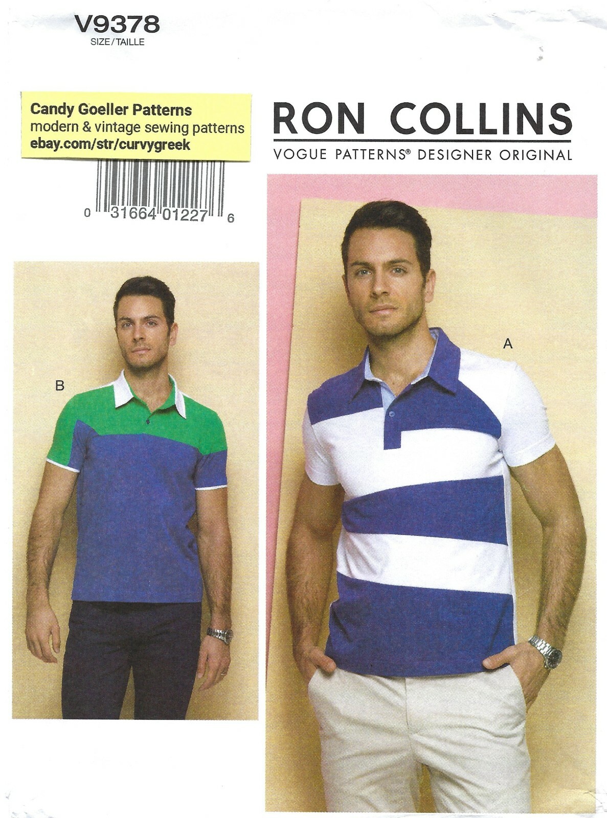 Vogue V9378 Men's Close-Fitting Pullover Shirt w Collar, Contrast Bands Sz 34-40