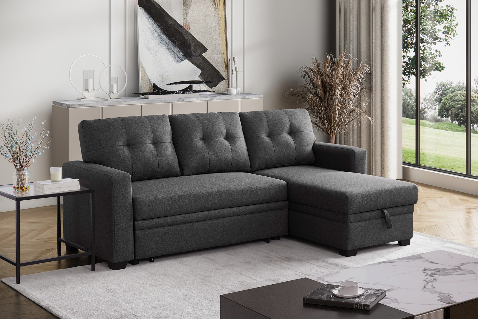 Convertible Upholstered Sectional Sofa with Pull-out Chaise