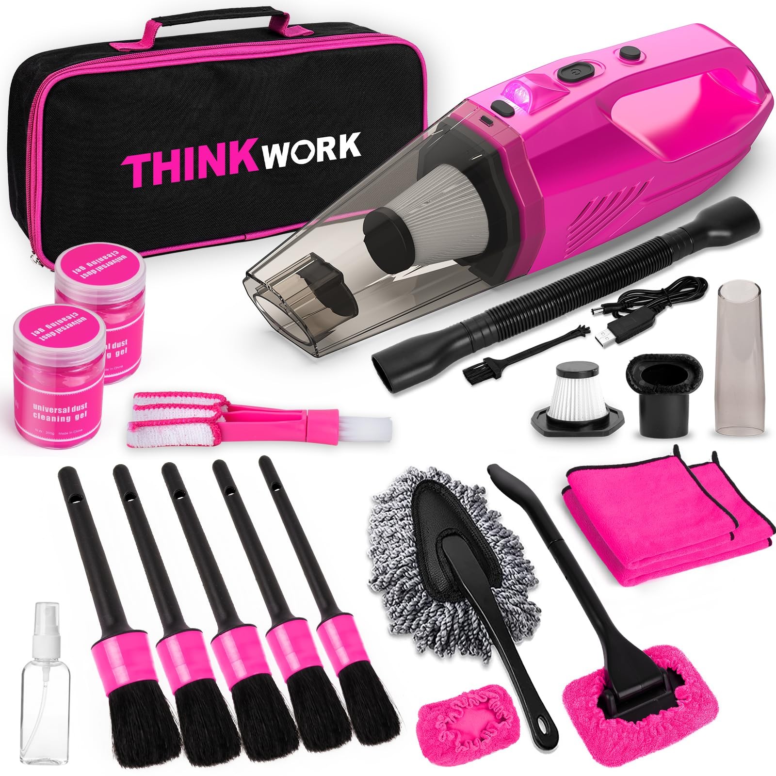 THINKWORK Car Detailing Kit Interior Cleaner, Cleaning 17PCS, Pink(17PCS)