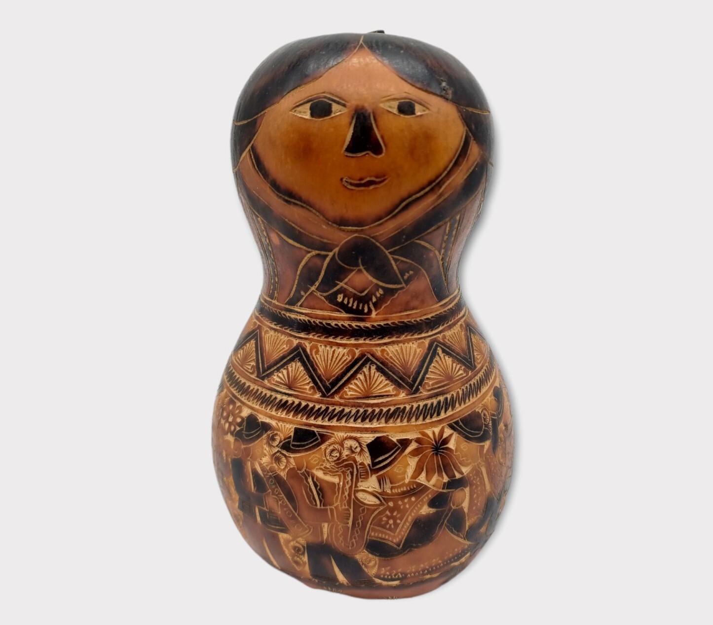 Vtg Hand Carved Art Gourd Peruvian Peru Folk Woman Musician Band Dancers Farm
