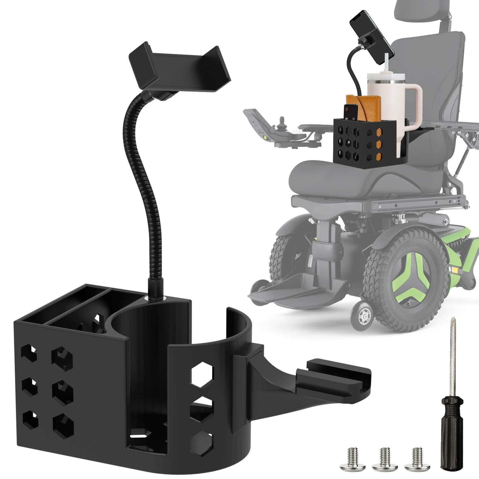 Cup Holder for Permobil Power Wheel Chair, 3 in 1 Cup Holder, Phone Holder &