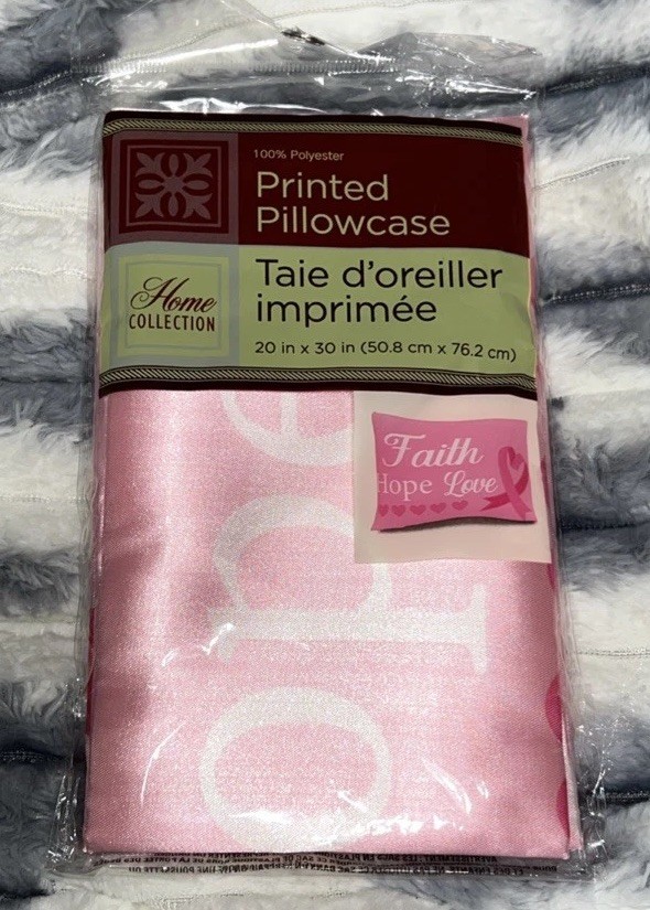 NIB - Pink Breast Cancer Ribbon Faith Hope Love Satin Pillowcase 20 x 30