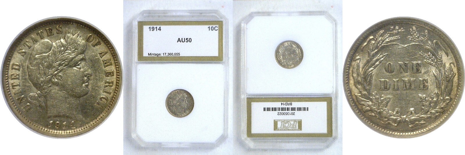 1914 10C Barber Dime Silver Almost Uncirculated PCI