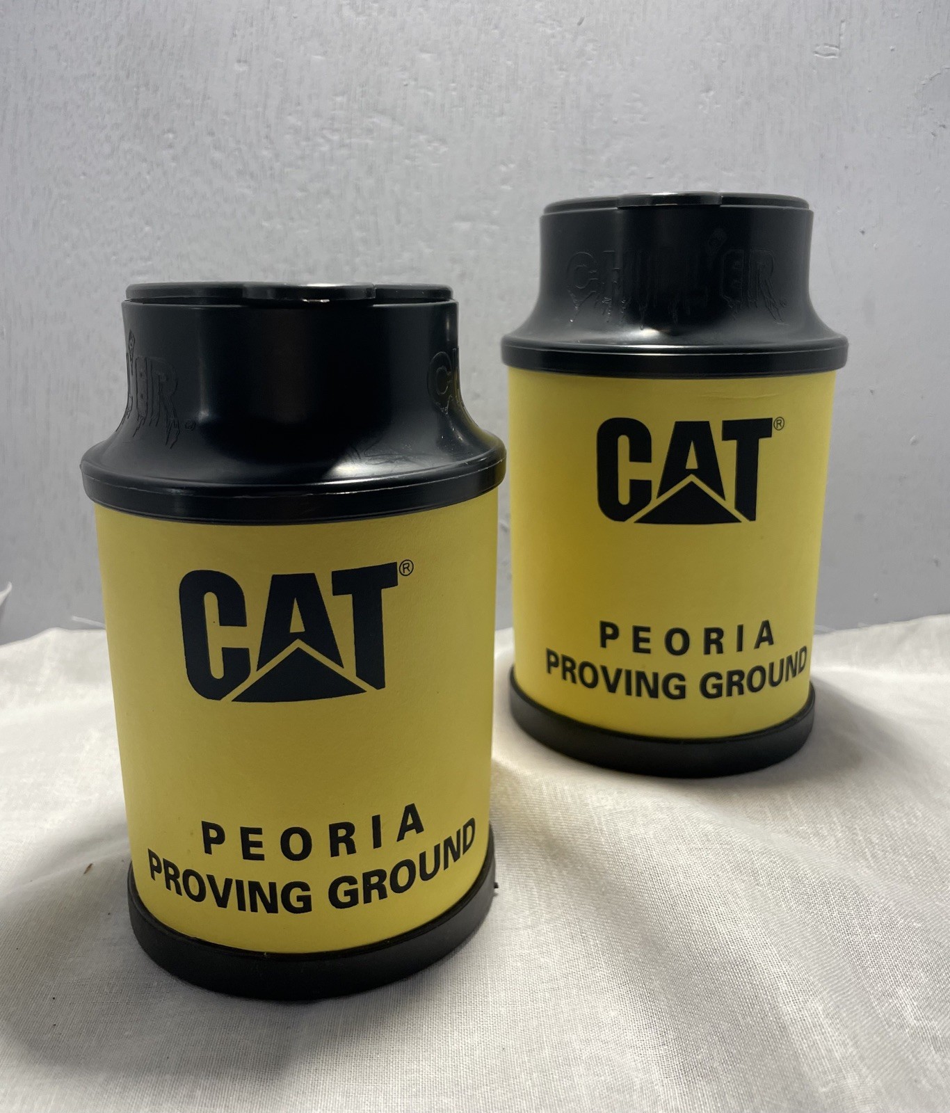 Vintage CAT Peoria Proving Ground “Chiller” insulated koozie/tumbler - set of 2