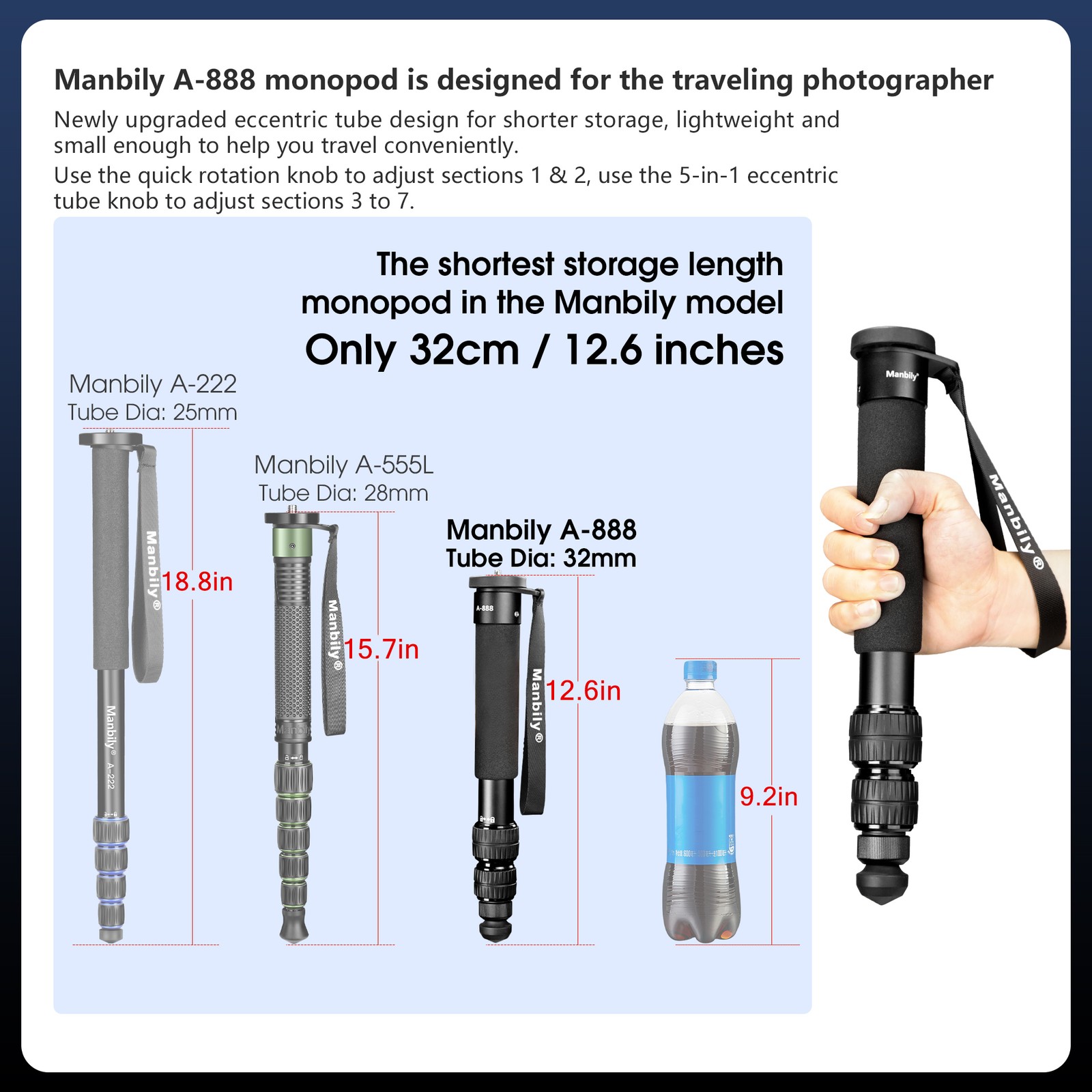Manbily Monopod Portable Lightweight 7 Section Camera Stand Lightweight 61" US