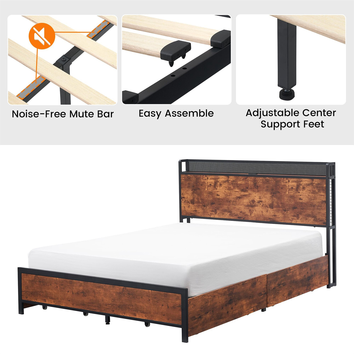 🔥✅Full Bed Frame with 4 Storage Drawers Metal Platform Bed Frame Headboard W/LE