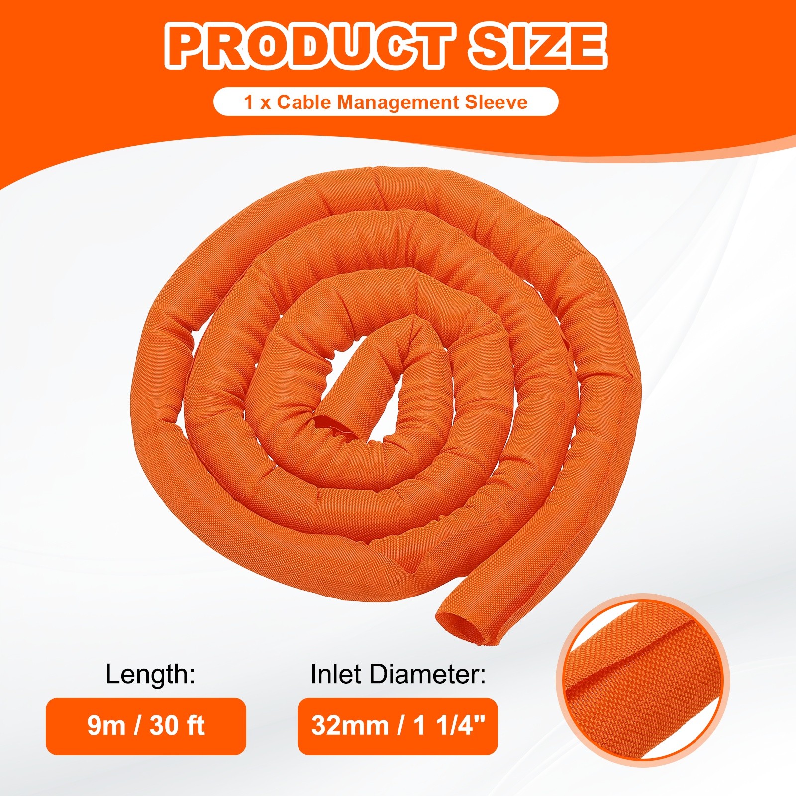 Wire Split Braided Cable Management Sleeve, Orange (1 1/4" - 30 Feet)