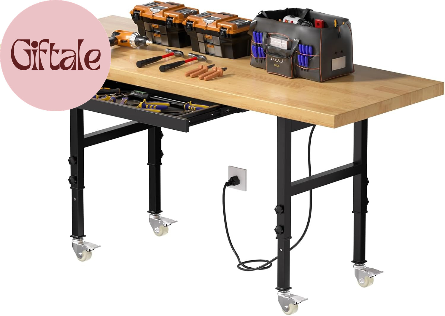 60" Solid Wood Work Bench, Heavy Duty Work Table with Drawers, Portable Garage W