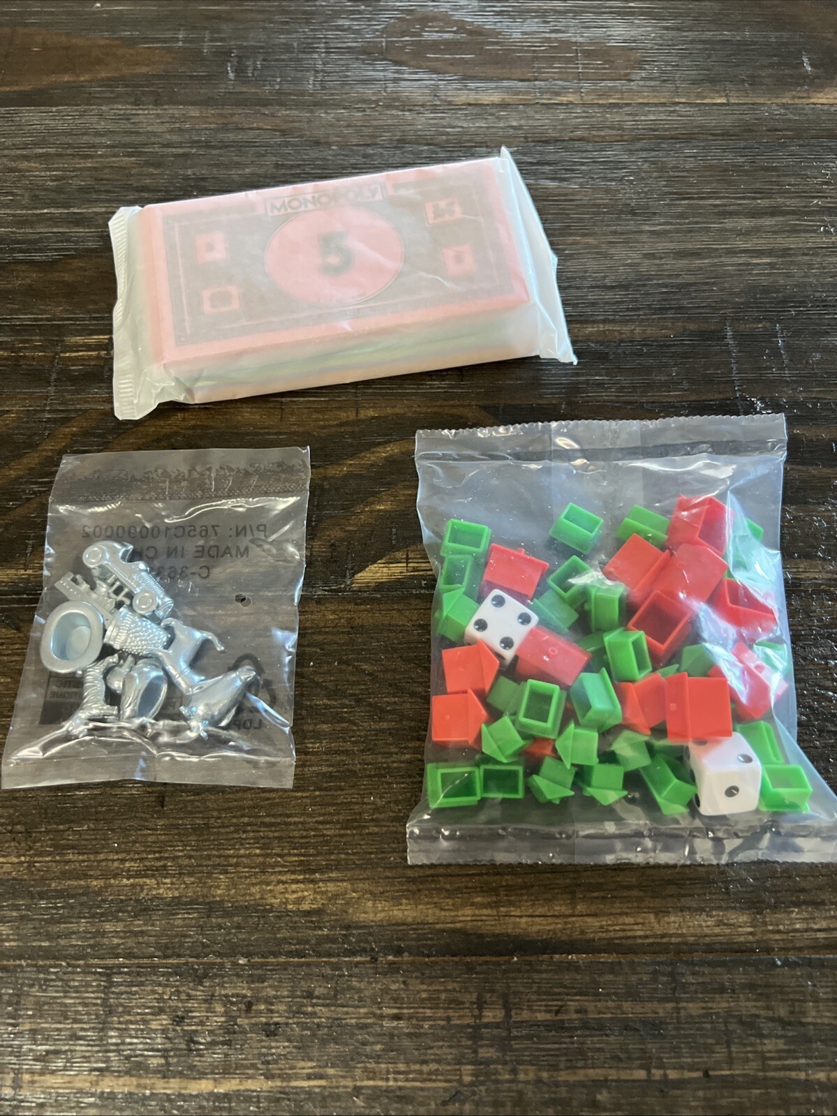 New Monopoly Replacement Pieces Metal Tokens + Money & Green Houses & Red Hotels