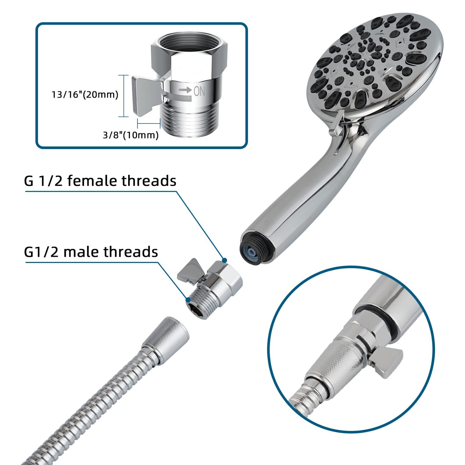 All Metal Shower Head Flow Control Valve G1/2 Brass Shut-off Valve with Handle