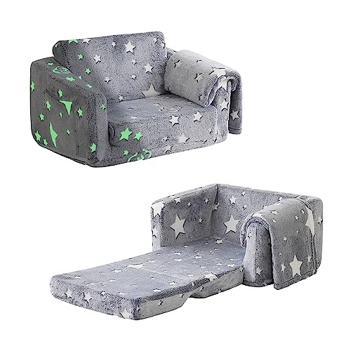 Kids Couch Fold Out, Foldable Toddler Couch with Blanket, Kids Glowing Star