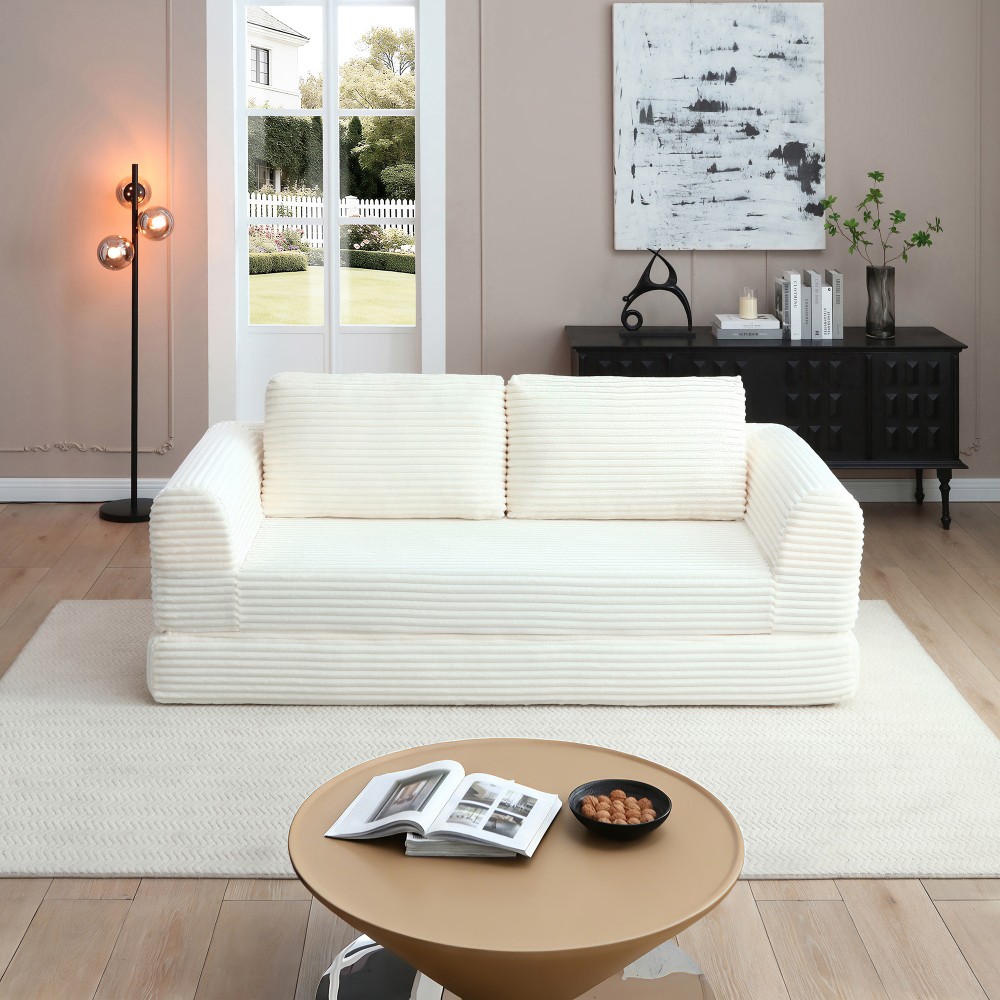 3-Seat Convertible Sofa Bed, Modern Corduroy Futon w/ 2 Pillows, No Assembly