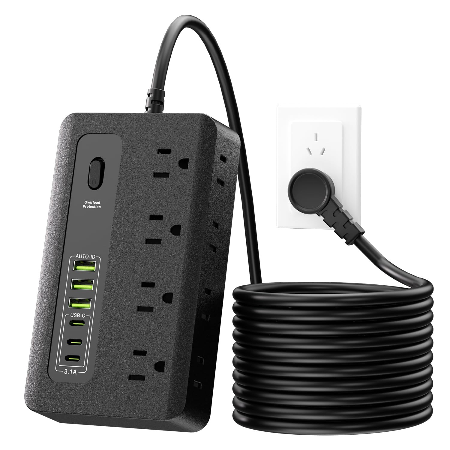 10FT Extension Cord Surge Protector Power Strip 6 AC Outlets 6 USB Ports Black