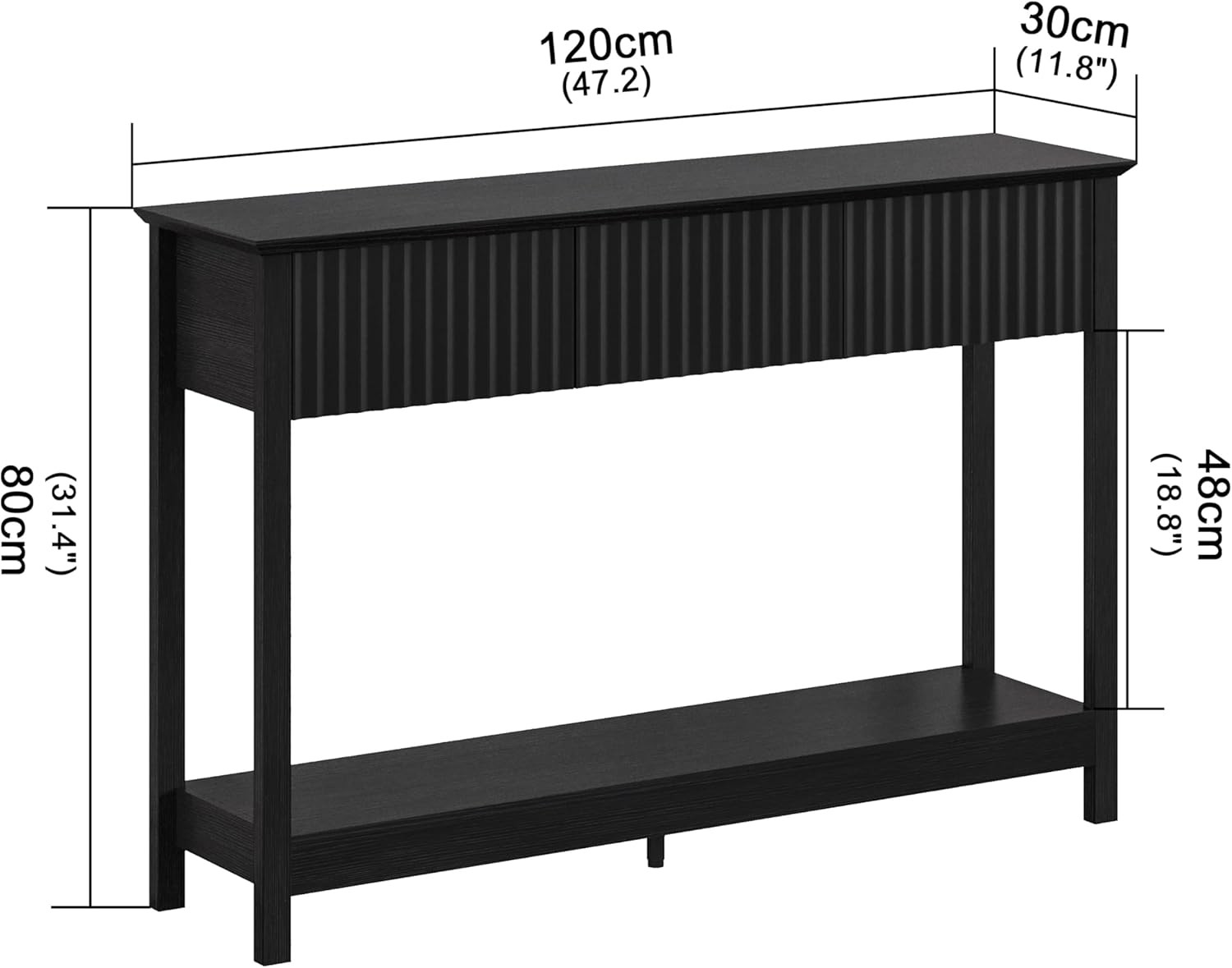47" Fluted Console Table W/ 3 Drawers Narrow Long Entryway Table W/ Storage &