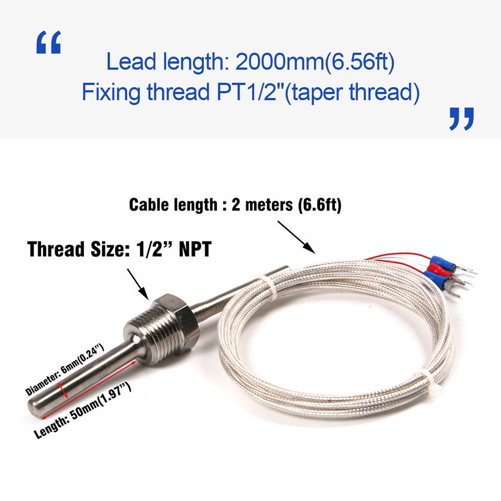 2x Temperature Sensor Probe Waterproof Pt100 Ohm Probe Sensor w/ Insulation Lead