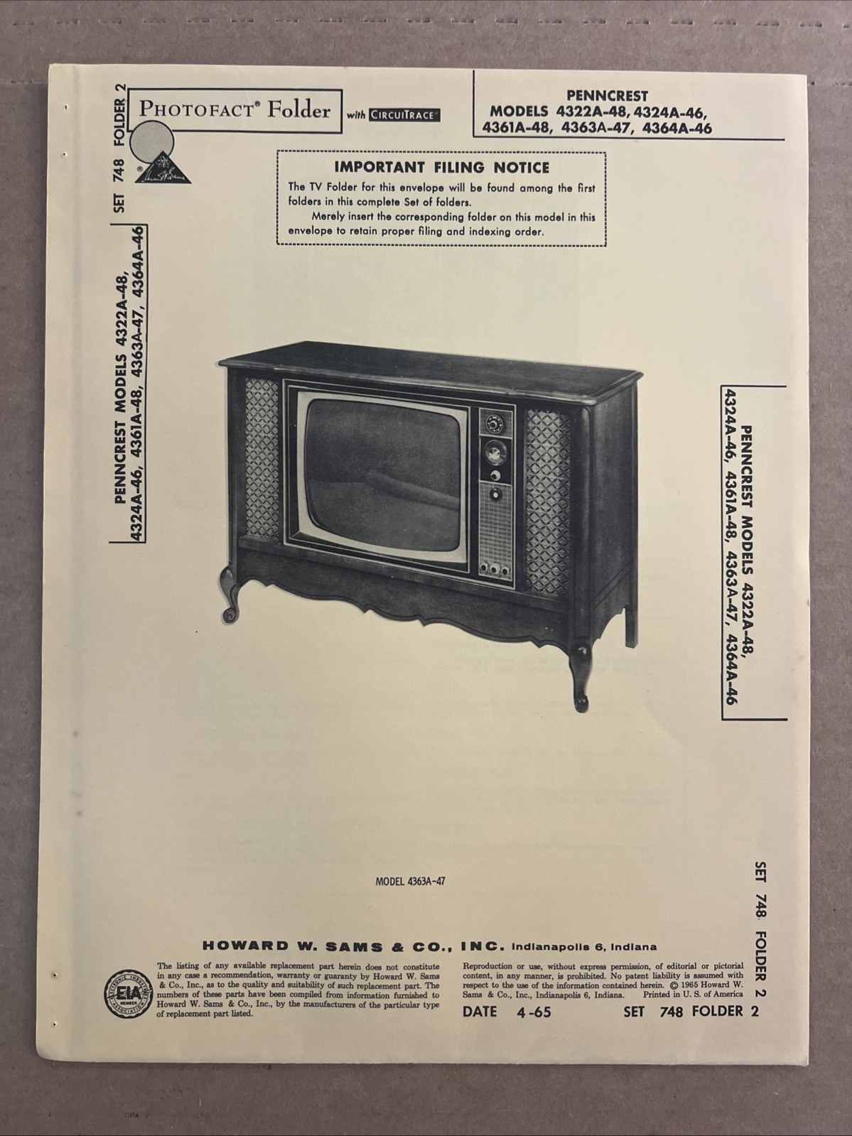 Vintage Sams Photofact Schematic 4-1965 PENNCREST MODELS 4322A-48,4324A-46,4361A