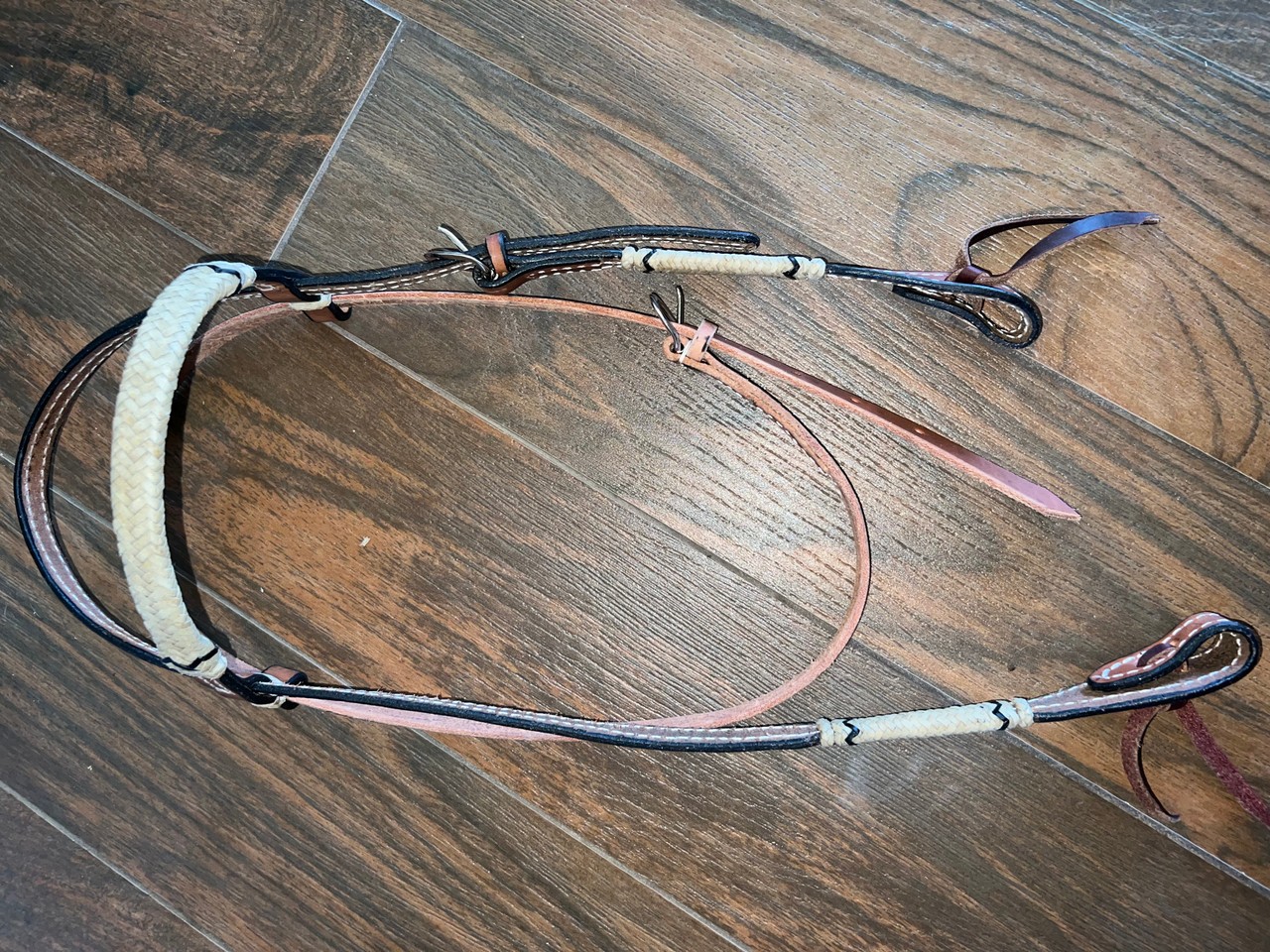 Horse Headstall w Split Rein Western Harness Buckle - Leather Raw Hide Browband