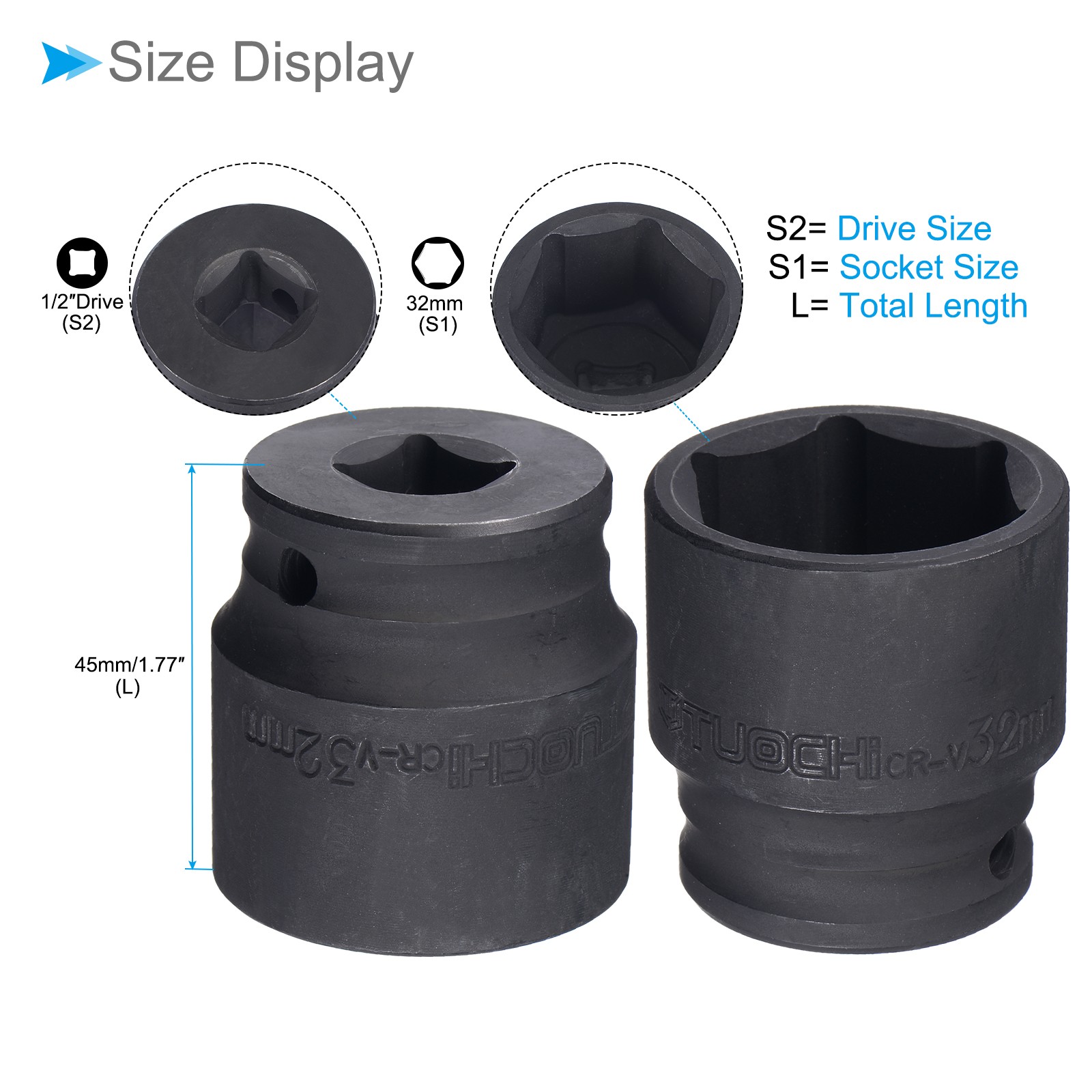 Deep Impact Socket 1/2 Inch Drive 6-Point 32mm CR-V Metric Deep Sockets