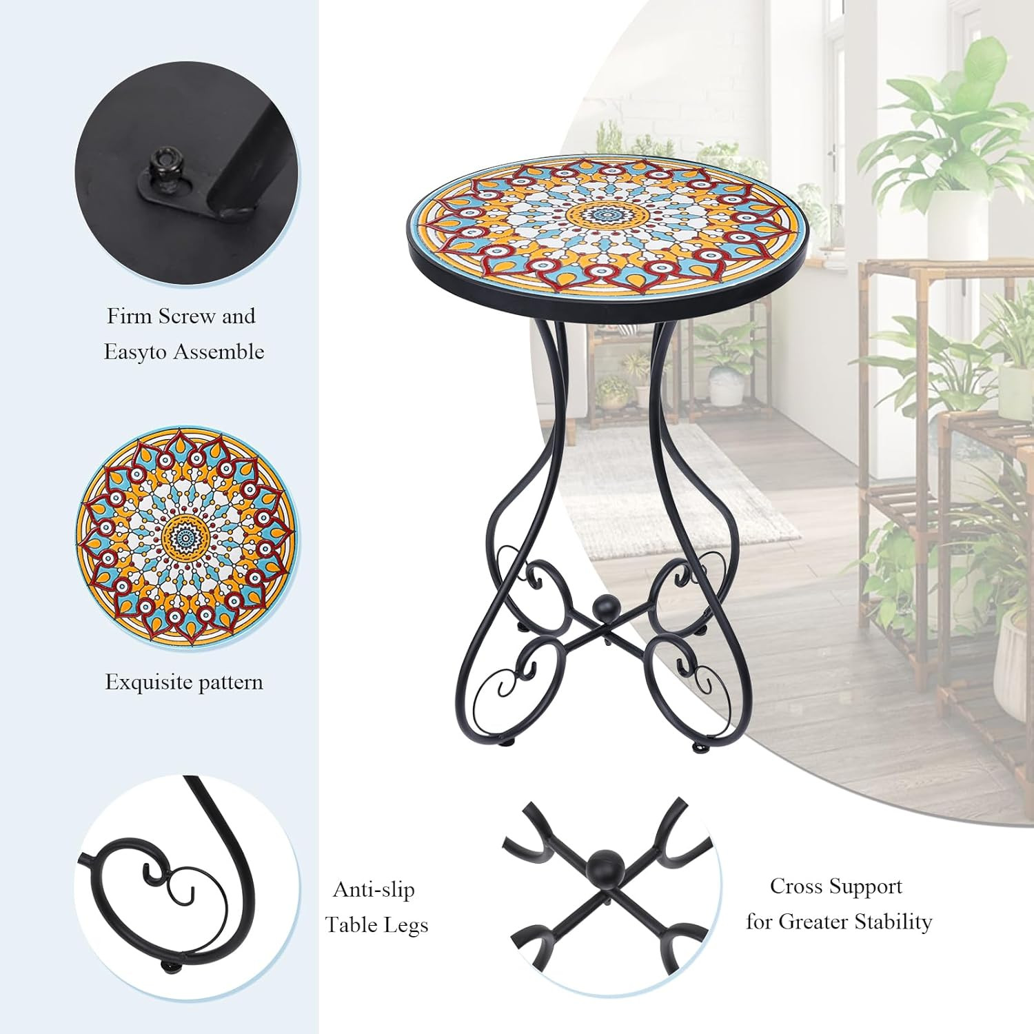 Mosaic Outdoor Side Table Round Rustproof Patio Table 14 Ceramic Multi Color