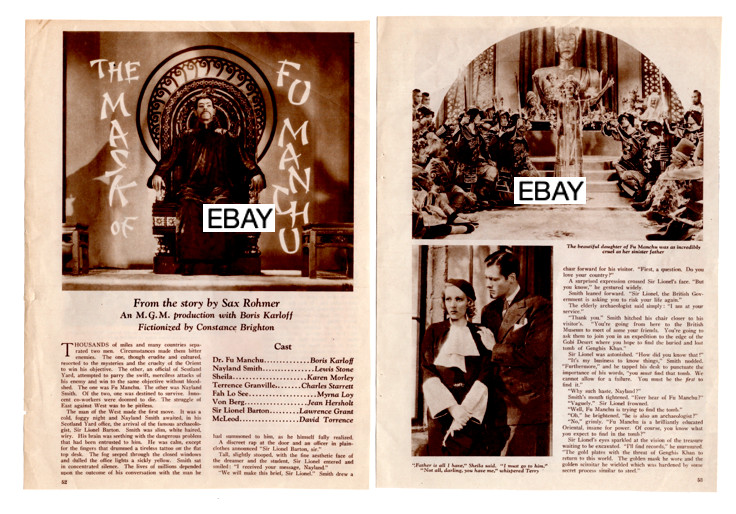 SALE: THE MASK OF FU MANCHU 1932 ORIGINAL HORROR MOVIE CLIPPINGS KARLOFF ROHMER