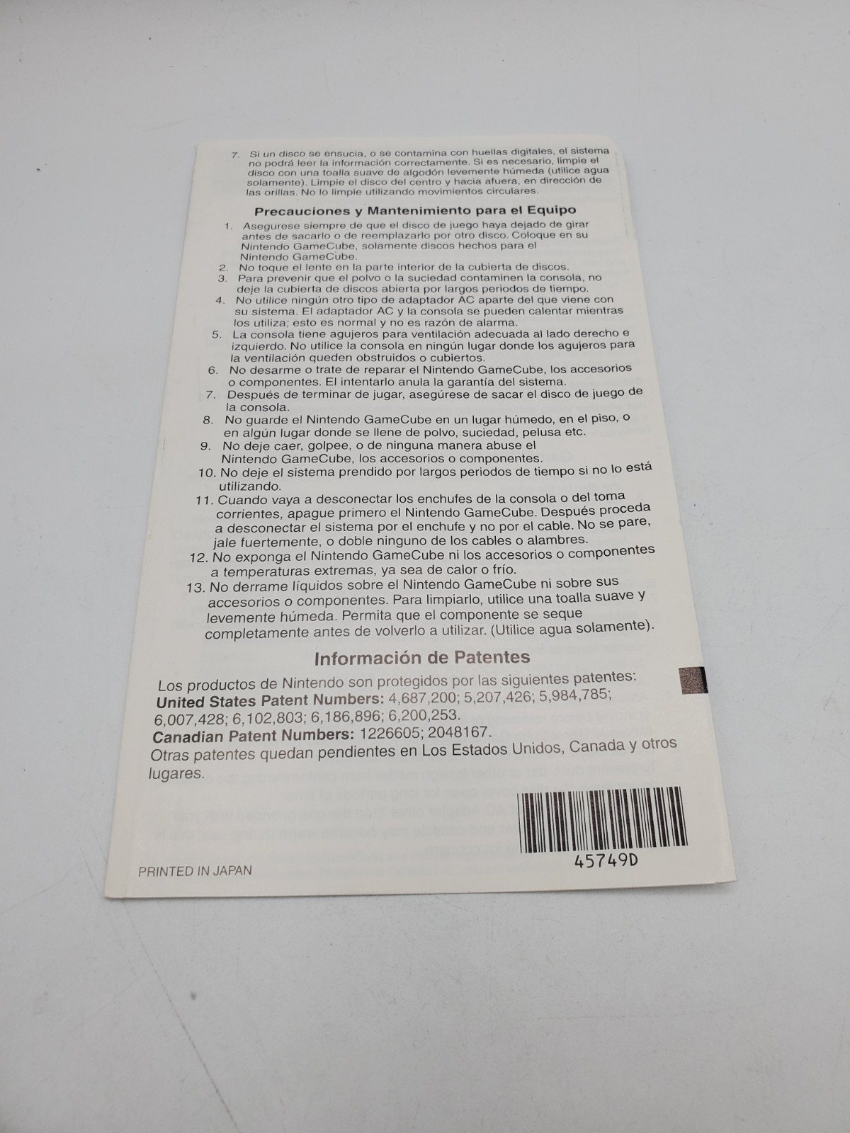 Nintendo Gamecube Precautions booklet Nintendo Gamecube Manual Only