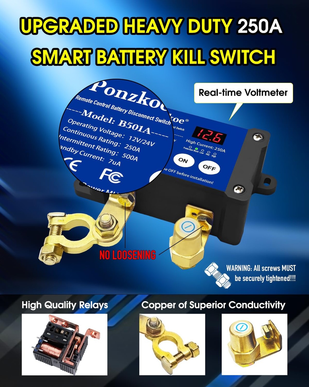 250A Smart Remote Battery Disconnect Switch 12V 24V - Quick Kill Switch for C...