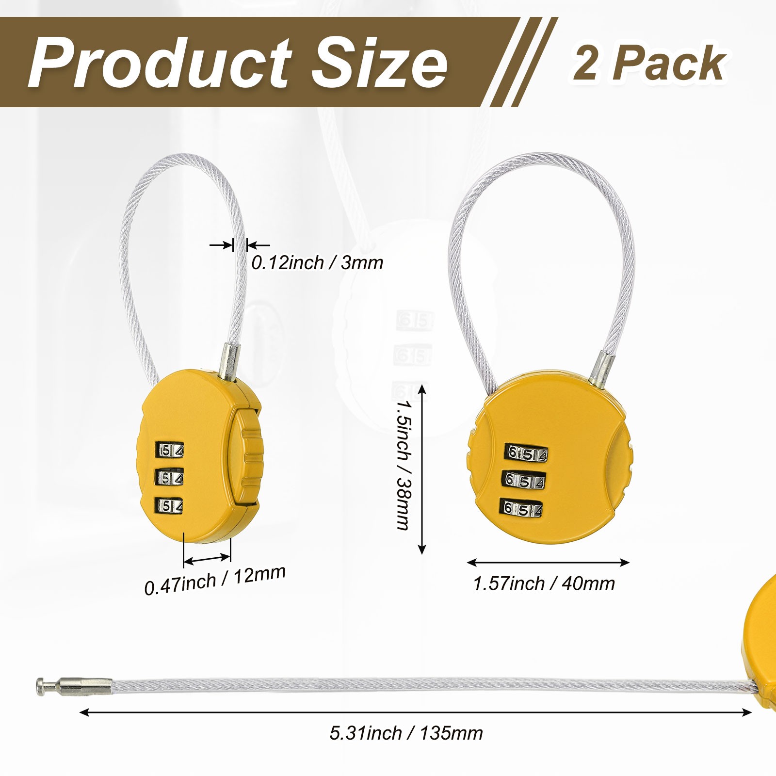 2-Pack Combination Padlock, 3 Digit Round Shaped Cable Luggage Lock [Yellow]