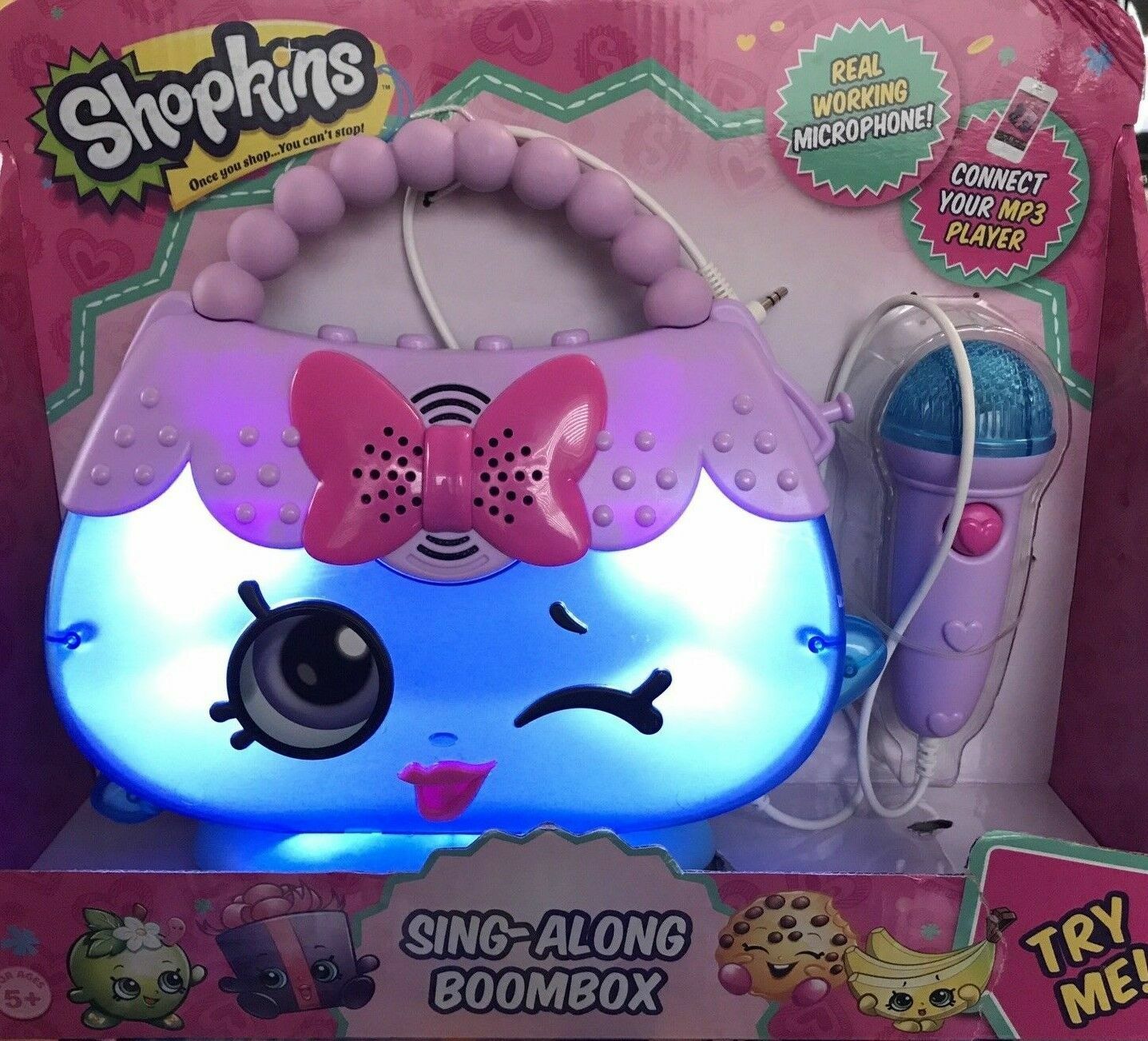 Shopkins Sing Along Boombox Working Microphone Connects to MP3 Player Lights Up