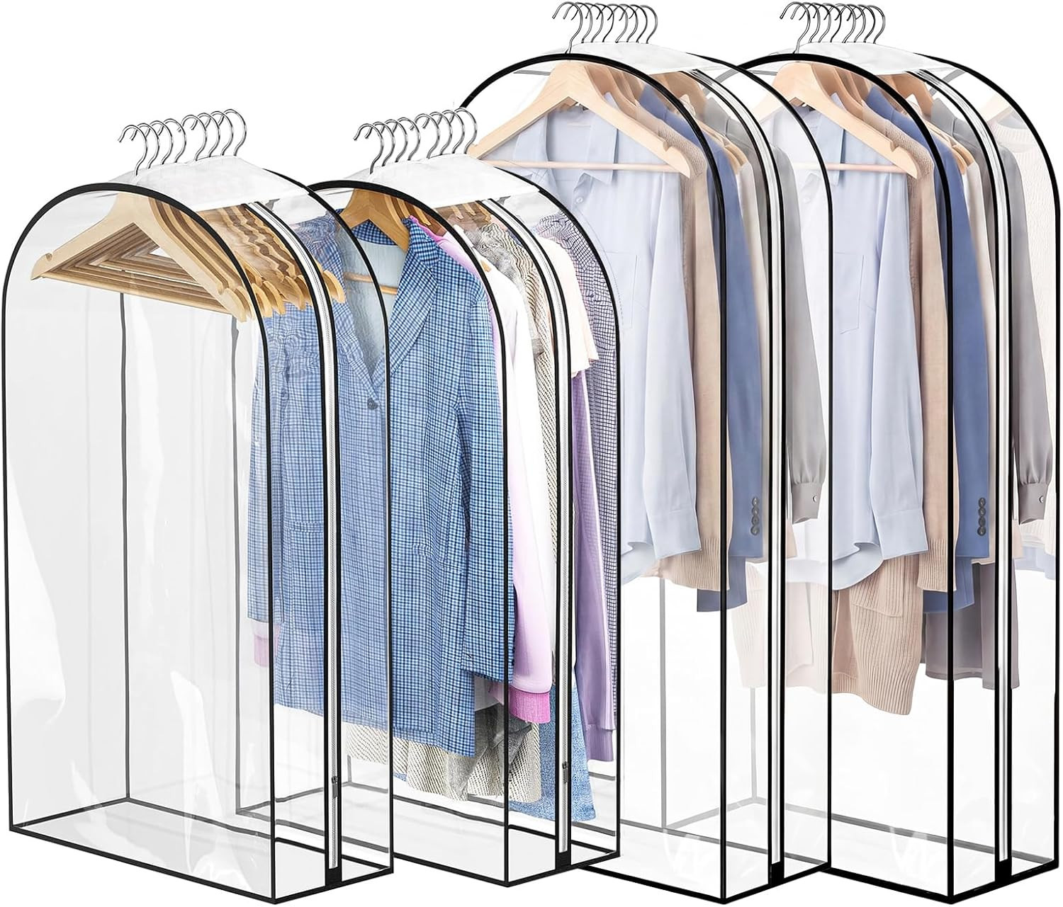 4 Pack Full Clear Garment Bags with Side Zipper, 40&50" Clothes Covers with 10"