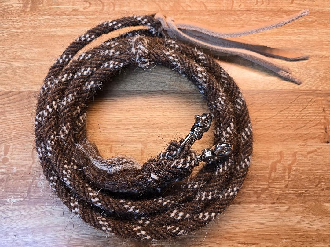 Mane Horsehair Split Reins w/ snaps - 8 feet 3/8" dia. Brown with White
