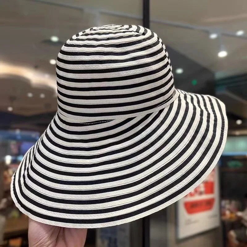 Women Striped Fisherman Hat Foldable Wide Brim Sun Hat Beach Cap