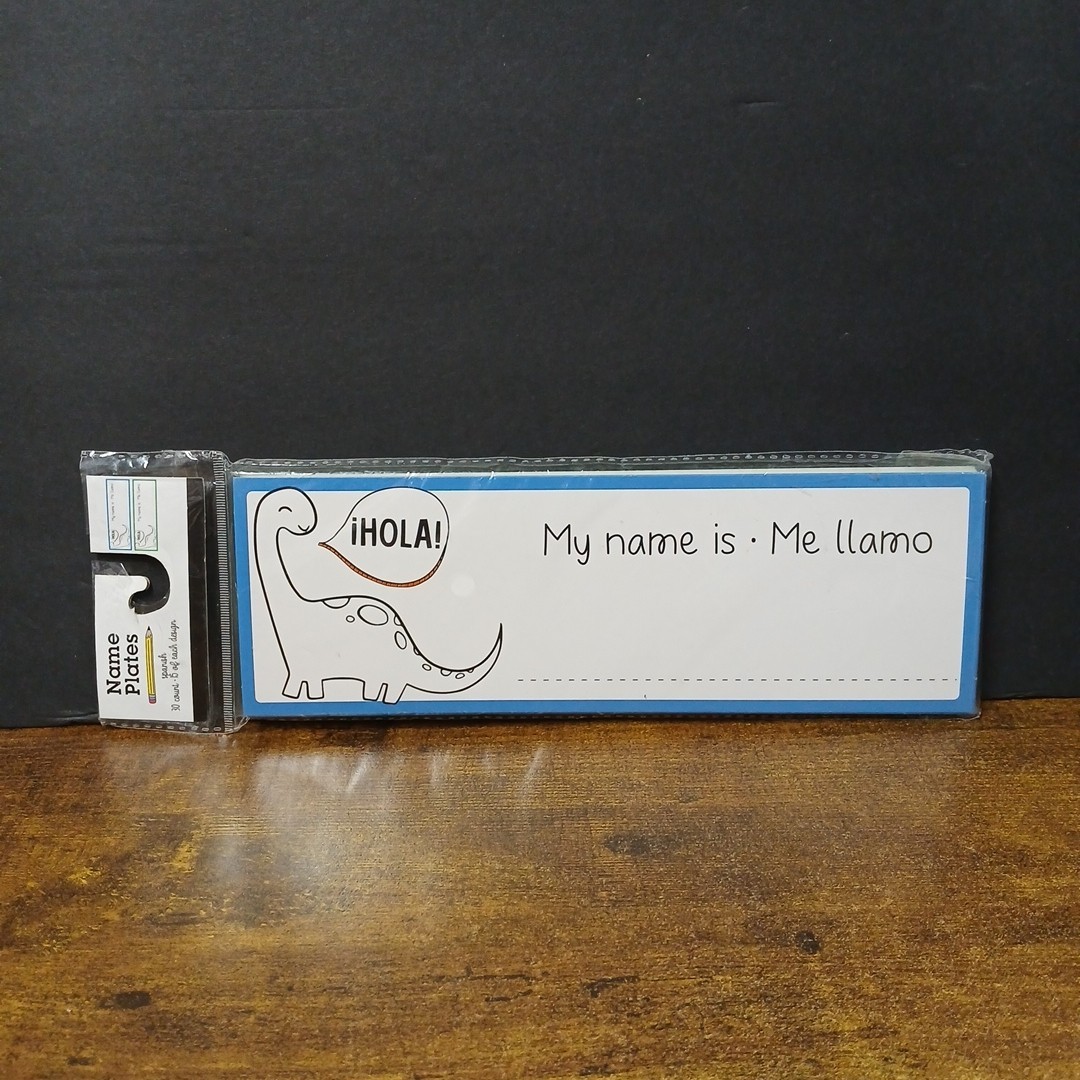 Spanish Name Plates 30ct, ¡Hola! My Name Is • Me Llamo, Dinosaur, Blue / Green