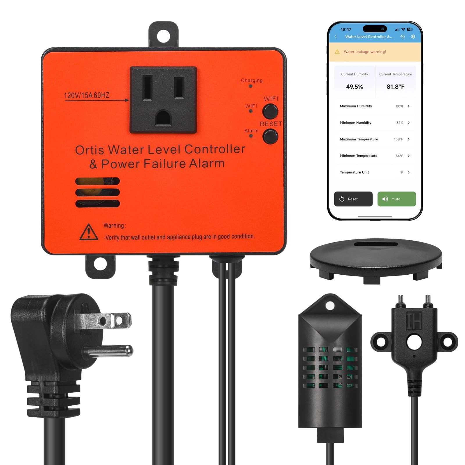 WiFi Power Failure & Water Leak Alarm, Real-Time Monitoring of Water Level, T...