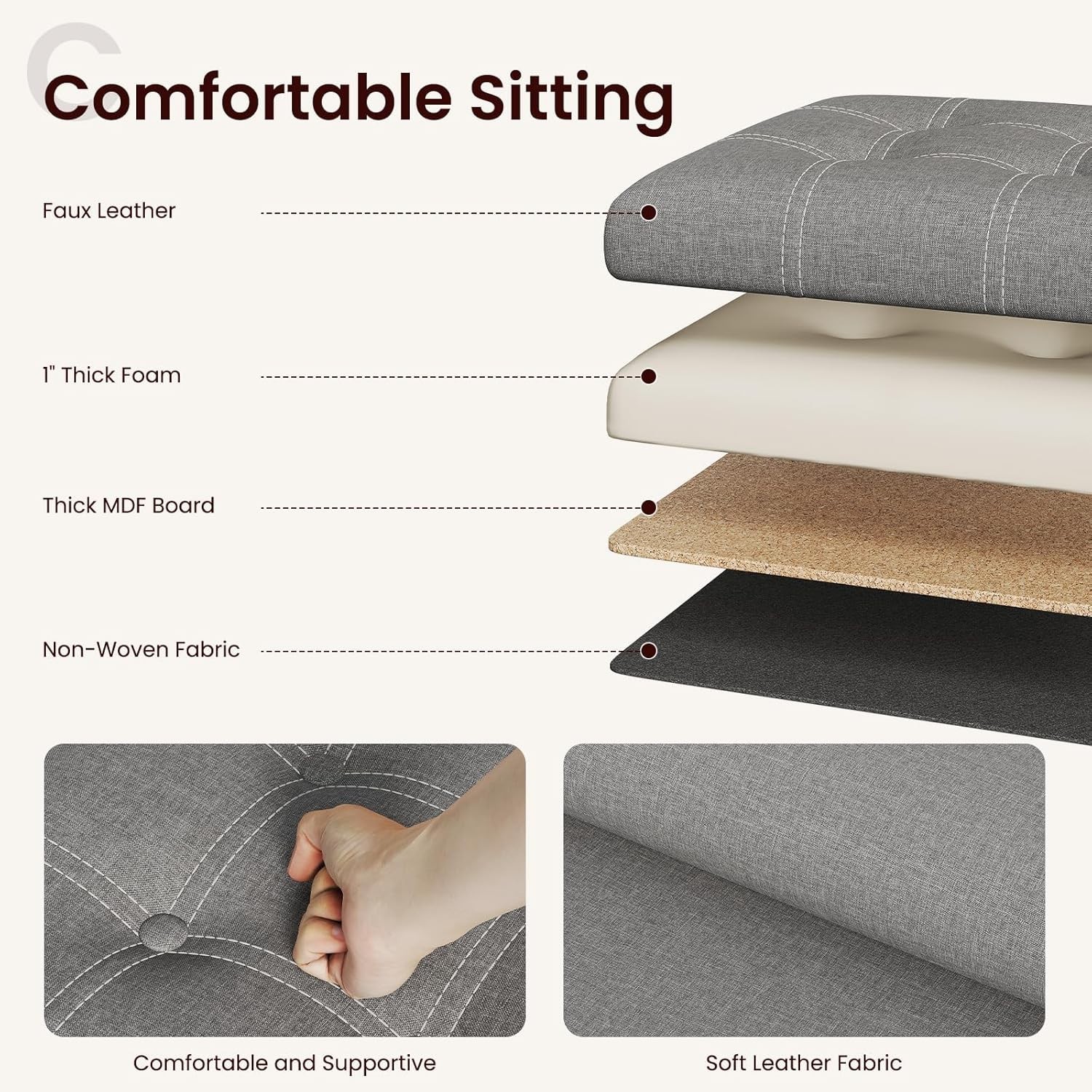 15 inches Storage Ottoman Cube, Foldable Storage Boxes, Padded Seat for Dorm ...