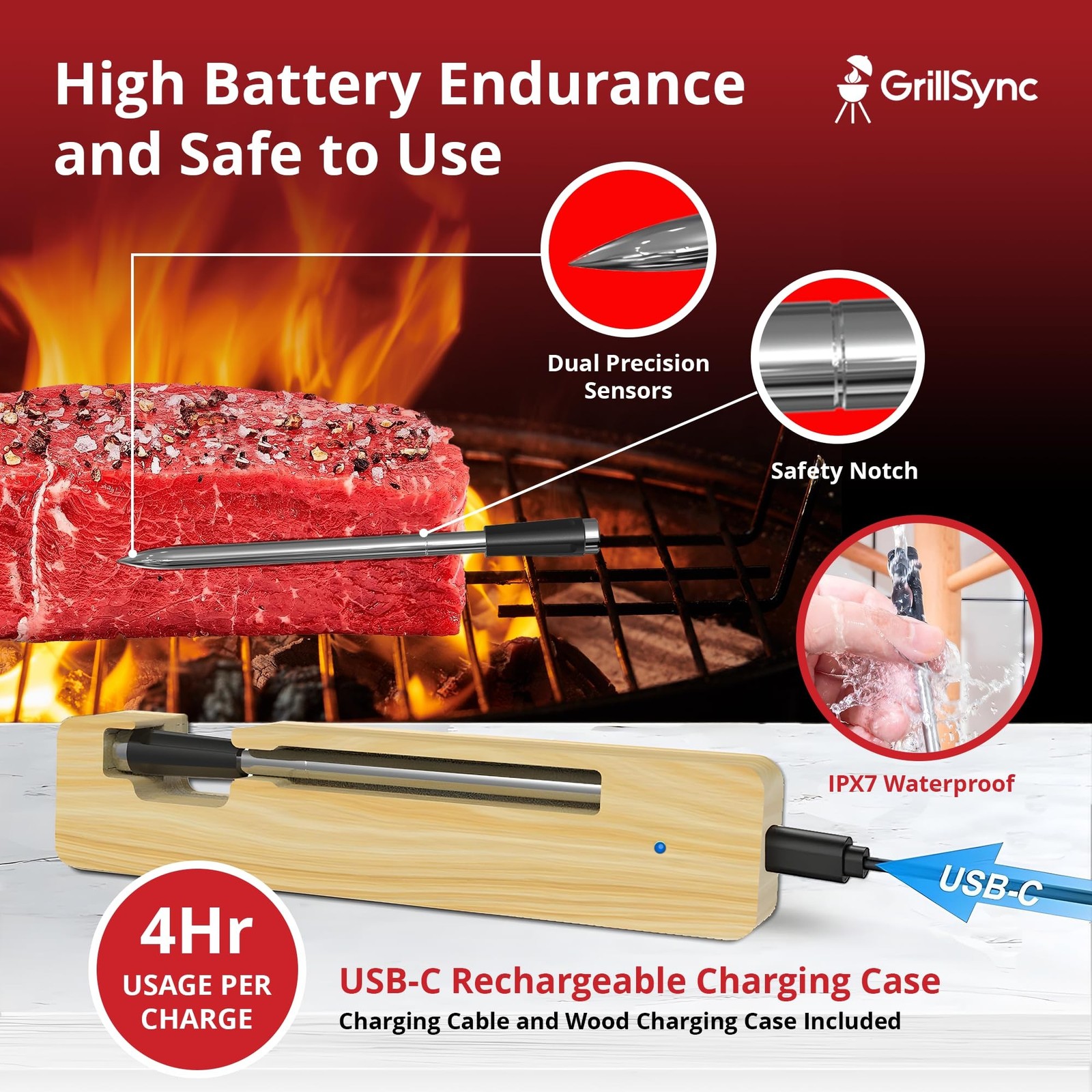 Grill Sync Digital Meat Thermometer Digital Wireless Dual Sensor Bluetooth BB...