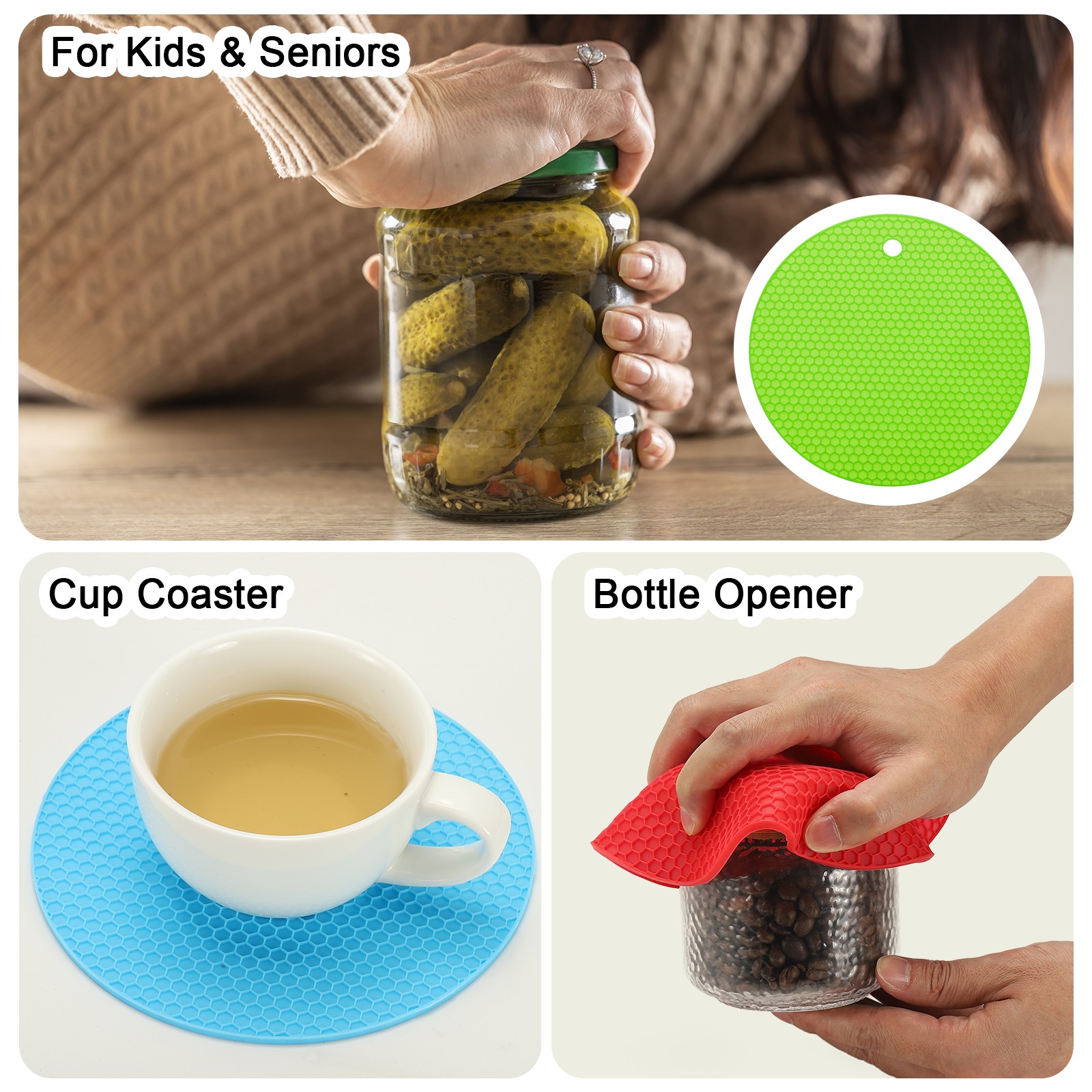 4pcs 7" Silicone Round Texture Jar Opener Pad, Green
