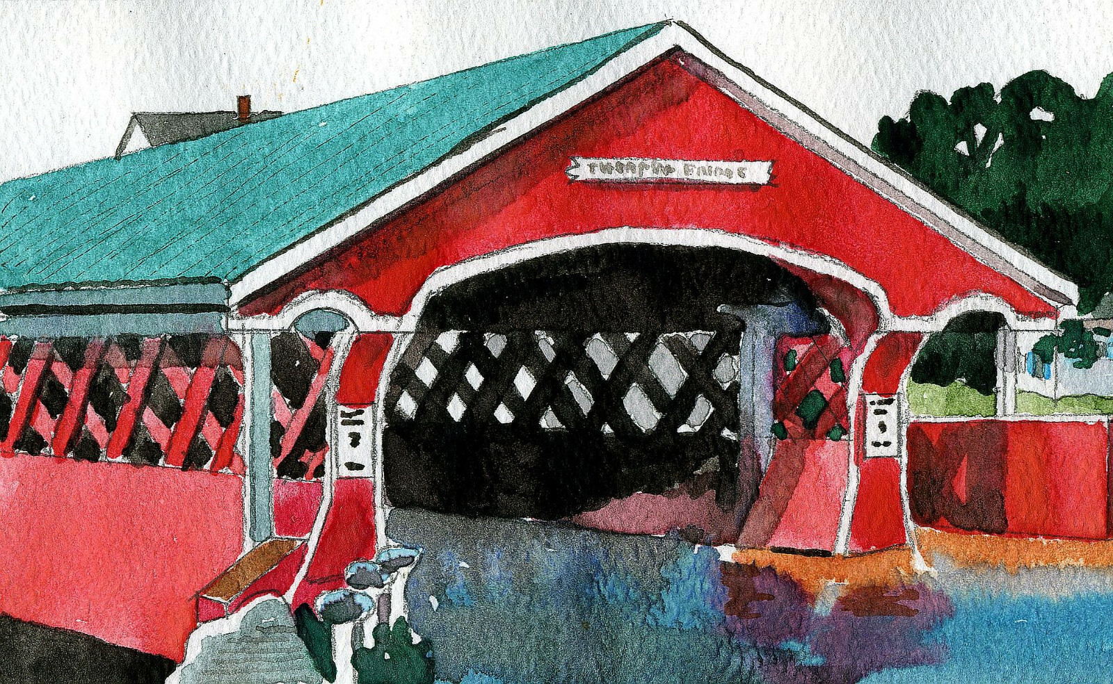 West Swanzey Covered Bridge NH. Colorful closeup. Watercolor art notecards