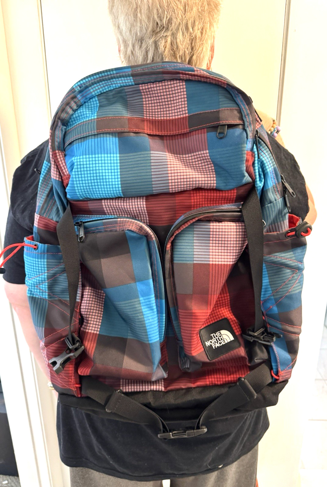 North Face Backpack Colorful Multi Plaid 9 Pockets For Computer & Gear Mesh Back